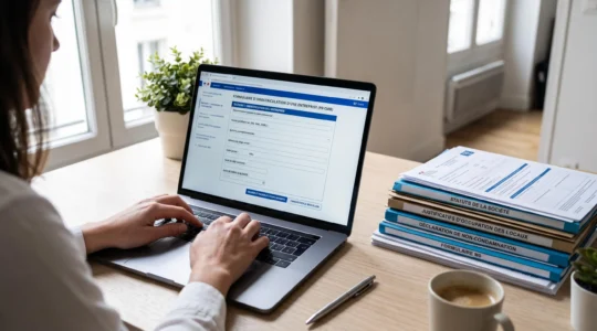 Bureau contemporain avec ordinateur portable affichant l'interface du Guichet unique INPI en français, mains tapant au clavier, documents administratifs empilés à côté