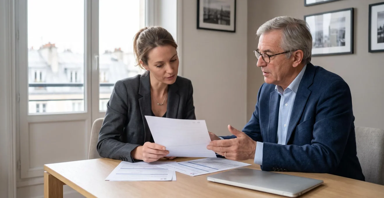 Consultation professionnelle dans un bureau contemporain, entrepreneur et conseiller expert-comptable discutant de documents administratifs pour finaliser les démarches post-immatriculation