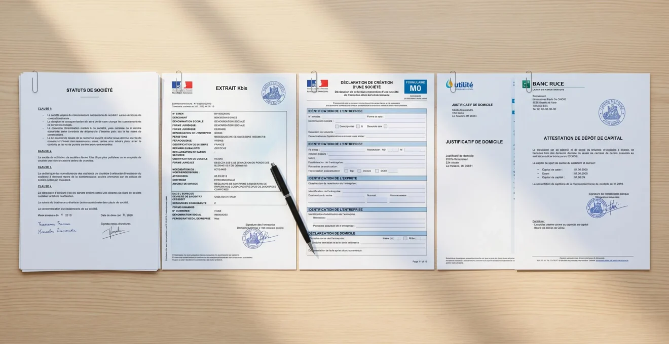 Documents administratifs français pour l'immatriculation d'entreprise disposés sur un bureau : statuts signés, formulaire M0, justificatifs de domicile, attestation de dépôt de capital avec cachet bancaire