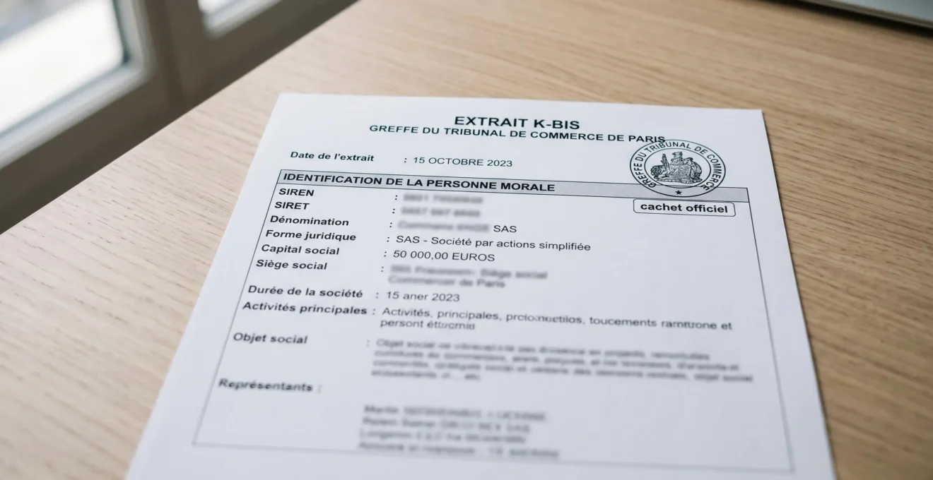 Extrait Kbis officiel français avec en-tête du greffe du tribunal de commerce, tampon officiel circulaire et champs administratifs en français, données partiellement anonymisées